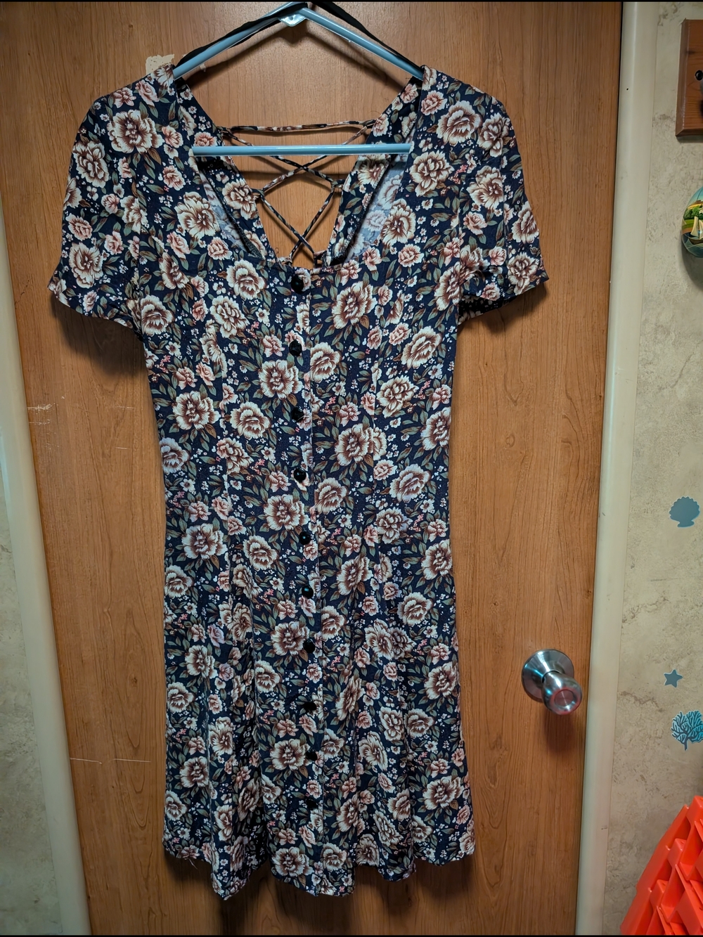 Marni Navy Floral Short-Sleeve Button Dress with Lace-Up Back